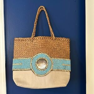 NWOT Women’s Bo'em Plage Beaded Straw and Canvas Summer Shoulder/Tote Bag
